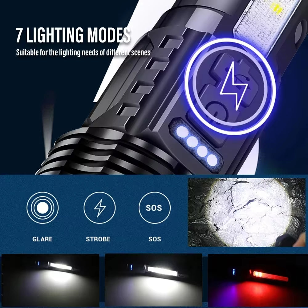 Ultra-Bright XHP50 Waterproof LED Flashlight - 7 Modes, USB Rechargeable, Perfect for Camping & Fishing!