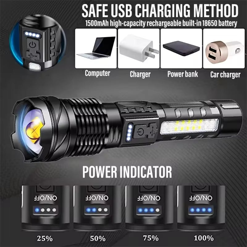 Ultra-Bright XHP50 Waterproof LED Flashlight - 7 Modes, USB Rechargeable, Perfect for Camping & Fishing!